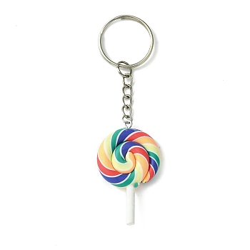 Handmade Polymer Clay Keychain, with Iron Rings, Lollipop, Colorful, 9.7cm