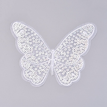 Computerized Embroidery Cloth Iron on/Sew on Patches, Costume Accessories, Paillette Appliques, Butterfly, White, 175x145x0.5mm