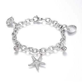 304 Stainless Steel Charm Bracelets, Starfish/Sea Stars & Shell, Stainless Steel Color, 7-1/2 inch(190mm)x6mm