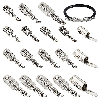18Pcs 3 Size Alloy Closed Cover Clasp Head, End Caps for Wooden Bracelet, Flower with Feather, Antique Silver, 29.5~36x8.5~11x8.5~11mm, Hole: 6.1~8.2mm, 6Pcs/size