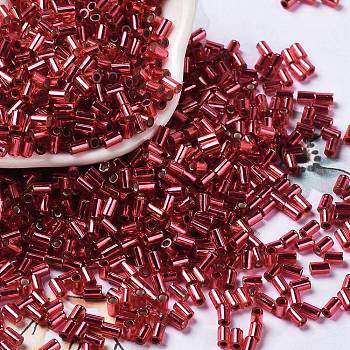 Baking Paint Glass Round Bugle Beads, Silver Lined, Tube, Indian Red, 3.5~3.8x2~2.5mm, Hole: 1.2mm