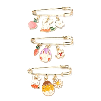 3Pcs 3 Style Easter Rabbit & Carrot & Egg Alloy Enamel Charms Safety Pin Brooches, Brass Brooch Kilt Pin for Women, Colorful, 34x50x5mm, 1pc/style