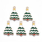 Alloy Enamel Pendants, Christmas, Cadmium Free & Lead Free, Christmas Tree, Light Gold, Dark Green, 24x16x1.5mm, Hole: 1.8mm(X-ENAM-Q442-027-RS)