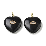 Natural Obsidian Pendants, Heart Charms with Brass Micro Pave Clear Cubic Zirconia Findings, Golden, 31.5~32x25~25.5x9.5~10.5mm, Hole: 4mm(G-P585-03G-12)