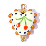 Handmade Porcelain Pendants, with 304 Stainless Steel, Hand Painted, Ion Plating(IP), Heart with Cherry Charms, Mirror Polished Finish, Dark Orange, Real 18K Gold Plated, 24x17mm, Hole: 2.4mm(PR-OY001-08G)