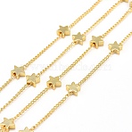 Handmade Brass Twisted Chains, Curb Chains, Soldered, Cadmium Free & Lead Free, with Star Beads and Spool, Long-Lasting Plated, Real 18K Gold Plated, 1x1mm, Star: 6x6x2.5mm, about 32.8 Feet(10m)/roll(CHC-I006-05G)