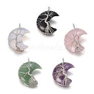 Natural & Synthetic Mixed Stone Tree of Life Wire Wrapped Pendants, with Brass Findings, Crescent Moon, Platinum, 44~46x26~32x12.5mm, Hole: 6.5x4.5mm(G-L520-E-P)