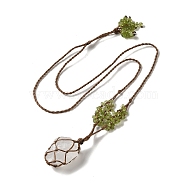 Natural Quartz Crystal Braided Bead Pendants Necklacess, with Peridot Chips, Wax Rope Pouch Adjustable Necklaces, 27.24~29.84 inch(69.2~75.8cm)(NJEW-K258-05B)