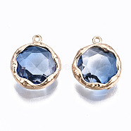 Two-Tone Faceted Glass Charms, with Brass Prong Settings, Flat Round, Light Gold, Marine Blue, 14x12x4.5mm, Hole: 1mm(X-GLAA-S193-032F)