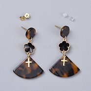 Cellulose Acetate(Resin) Dangle Earrings, with Glass Findings and Brass Cross Charms, Fan & Flower, Real 18K Gold Plated, Goldenrod, 51mm, Pin: 0.6mm(EJEW-JE03423)