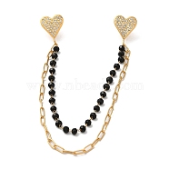 304 Stainless Steel Micro Pave Clear Cubic Zirconia & Dyed Black Stone Heart Hanging Chain Brooch, Golden, 180mm(JEWB-S021-06G)