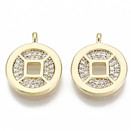 Brass Micro Pave Cubic Zirconia Charms, Nickel Free, Chinese Ancient Coins Shape, Clear, Real 18K Gold Plated, 14x11.5x2mm, Hole: 1.2mm(KK-N232-69-NF)