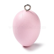 Easter Theme Spray Painted Wood Pendants, Easter Egg Charms with Platinum Tone Iron Loops, Pink, 46~48x28~29mm, Hole: 4mm(WOOD-G017-01B)