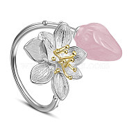SHEGRACE 925 Sterling Silver Cuff Rings, Open Rings, with Natural Rose Quartz, Flower, Pink, US Size 8 1/2(18.5mm)(JR773B)