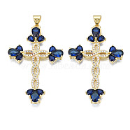 Brass Micro Pave Cubic Zirconia Pendants, with Brass Snap on Bails, Real 18K Gold Plated, Nickel Free, Cross, Dark Blue, 42x27.5x5mm, Hole: 3x5mm(KK-N227-85D)