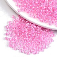 6/0 Glass Seed Beads, Inside Colours, Round Hole, Round, Transparent Colours Rainbow, Pearl Pink, 6/0, 4~5x2.5~4.5mm, Hole: 1.2mm, about 500pcs/50g(X-SEED-A016-4mm-204)