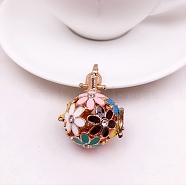 Brass Enamel Hollow Cage Locket Pendant, with Rhinestones, Round with Flower Charm, Colorful, 21mm(PW-WG43577-03)