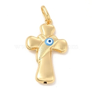 Brass Pendants, with Enamel, Real 18K Gold Plated, Long-Lasting Plated, Cross with Evil Eye Charm, Deep Sky Blue, 40x26x7mm, Hole: 10x7mm(KK-E076-02G-09)