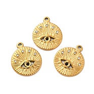 Ion Plating(IP) 304 Stainless Steel Pendants, with Crystal Rhinestone, Flat Round with Eye Charms, Golden, 22x18.5x2mm, Hole: 2mm(STAS-Q001-17G)