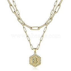 Real 18K Gold Plated Stainless Steel Paperclip Chains Double Layer Necklaces, Hexagon with Initial Letter Pendant Necklace, Letter B, 14.17 inch(36cm)(AN1969-18)