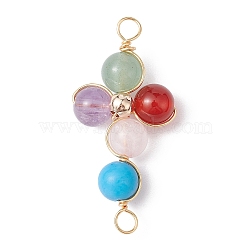 Mixed Gemstone Connector Charms, Eco-Friendly Light Gold Plated Copper Wire Wrapped Cross Links, 34x17x8mm, Hole: 3mm(PALLOY-JF02224-03)