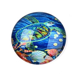 Glass Cabochons, Half Round with Ocean Theme, Dodger Blue, Tortoise, 34.5x9.5mm(GGLA-T004-11B)