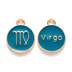 Alloy Enamel Pendants, Cadmium Free & Lead Free, Flat Round with Constellation, Light Gold, Dark Cyan, Virgo, 15x12x2mm, Hole: 1.5mm(ENAM-S124-01B-05B)