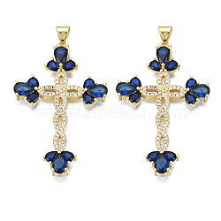 Brass Micro Pave Cubic Zirconia Pendants, with Brass Snap on Bails, Real 18K Gold Plated, Nickel Free, Cross, Dark Blue, 42x27.5x5mm, Hole: 3x5mm(KK-N227-85D)