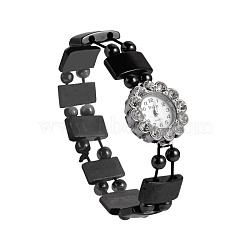 Non-Magnetic Hematite Beaded Stretch Bracelet Watches, with Flower Alloy Rhinestone Quartz Watch Heads, Platinum, 50mm, Watch Head: 27.5x28.5x8mm, Watch Face: 15mm(WACH-N053-02)