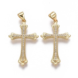 Brass Micro Pave Cubic Zirconia Pendants, Cross, Clear, Real 18K Gold Plated, 30x18.5x2.5mm, Hole: 3.5x5.5mm(ZIRC-F115-05G)