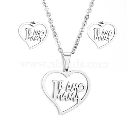 Mother's Day 304 Stainless Steel Jewelry Sets, Pendant Necklaces and Stud Earrings, with Cable Chains, Earring Backs and Lobster Claw Clasps, Heart with Word TE AMO MAMA, Stainless Steel Color, 17.7 inch(45cm), 10x11.5x1mm, Pin: 0.8mm(X-SJEW-D094-32P)