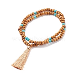 Buddhist Necklace, Natural Wood & Synthetic Turquoise Beaded Necklace with Tassel Big Pendant for Women, BurlyWood, 21.26 inch(54cm)(NJEW-JN03885)