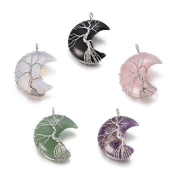 Natural & Synthetic Mixed Stone Tree of Life Wire Wrapped Pendants, with Brass Findings, Crescent Moon, Platinum, 44~46x26~32x12.5mm, Hole: 6.5x4.5mm