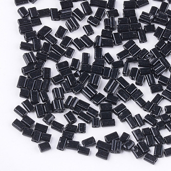Baking Paint Glass Flat Beads, Rectangle, Black, 4~7x3~4x2.5mm, Hole: 0.8mm, about 2500pcs/bag
