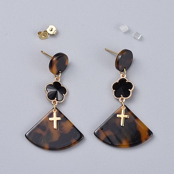 Cellulose Acetate(Resin) Dangle Earrings, with Glass Findings and Brass Cross Charms, Fan & Flower, Real 18K Gold Plated, Goldenrod, 51mm, Pin: 0.6mm
