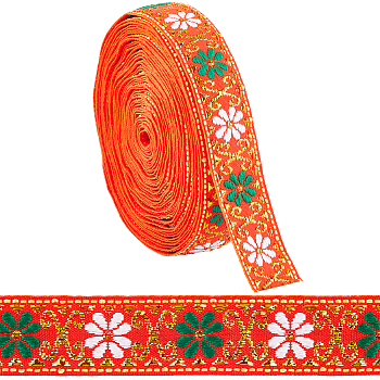 7M Flat Ethnic Style Polyester Ribbon, Jacquard Ribbon, Tyrolean Ribbon, Garment Accessories, Orange Red, 7/8 inch(22mm), about 7.66 Yards(7m)/Roll