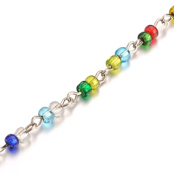 Handmade Glass Seed Beads Chains for Necklaces Bracelets Making, with Iron Eye Pin, Unwelded, Colorful, 39.3 inch