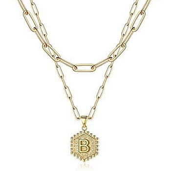 Real 18K Gold Plated Stainless Steel Paperclip Chains Double Layer Necklaces, Hexagon with Initial Letter Pendant Necklace, Letter B, 14.17 inch(36cm)