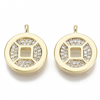 Brass Micro Pave Cubic Zirconia Charms, Nickel Free, Chinese Ancient Coins Shape, Clear, Real 18K Gold Plated, 14x11.5x2mm, Hole: 1.2mm