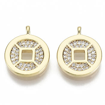 Brass Micro Pave Cubic Zirconia Charms, Nickel Free, Chinese Ancient Coins Shape, Clear, Real 18K Gold Plated, 14x11.5x2mm, Hole: 1.2mm
