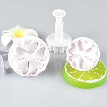 Plastic Cookie Fondant Stamper Set, Biscuit Cookie Stamp Impress, Round with Flower Pattern, White, 29~43x42~51mm, about 3pcs/set