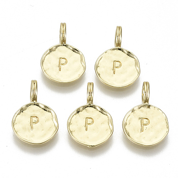 Alloy Pendants, Cadmium Free & Nickel Free & Lead Free, Flat Round with Letter, Real 18K Gold Plated, Letter.P, 17x11.5x1.5mm, Hole: 2.5mm