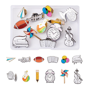 12Pcs 12 Style Rugby & Bottle & Piano & Violin & Pencil Enamel Pins, Alloy Badges for Backpack Clothes, Mixed Color, 20~32.5x6~28x1~9.5mm, Pin: 1mm, 1Pc/style