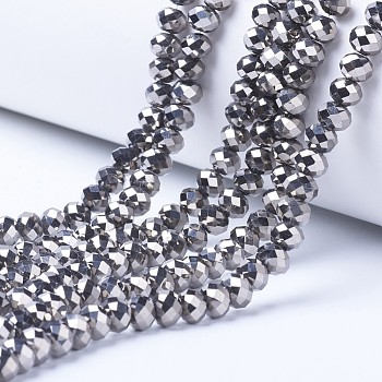 Electroplate Transparent Glass Beads Strands, Full Plated, Faceted, Rondelle, Silver Plated, 4x3mm, Hole: 0.4mm, about 123~127pcs/strand, 16.5~16.9 inch(42~43cm)