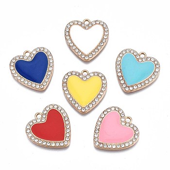 Rack Plating Alloy Enamel Pendants, with Crystal Rhinestone, Cadmium Free & Nickel Free & Lead Free, Light Gold, Heart, Mixed Color, 21x21x2.5mm, Hole: 1.8mm
