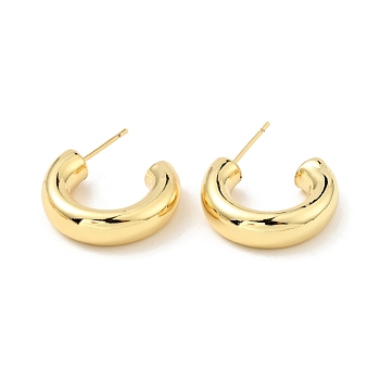 Brass Chunky C-shape Stud Earrings, Half Hoop Earrings for Women, Cadmium Free & Nickel Free & Lead Free, Real 18K Gold Plated, 16.5x20x5mm, Pin: 0.7mm