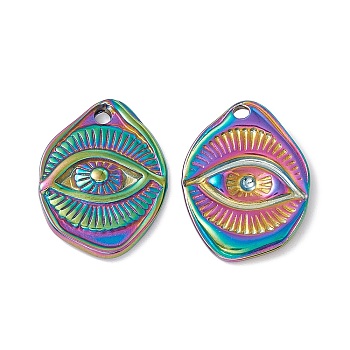 Ion Plating(IP) 304 Stainless Steel Pendants, Oval with Eye Pattern Charms, Rainbow Color, 23x17.5x3mm, Hole: 2mm