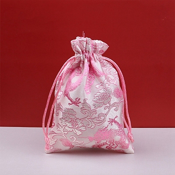 Dragon Print Cloth Pouches, Drawstring Bag for Jewelry Storage, Rectangle, Pearl Pink, 14x10cm