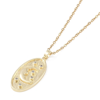 201 Stainless Steel Cable Chain Necklaces, Brass Micro Pave Clear Cubic Zirconia Pendant Necklaces, Real 18K Gold Plated, Moon, Oval, 16.14 inch(41cm)