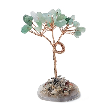 Natural Gemstone Chips and Natural Green Aventurine Pedestal Display Decorations, with Rose Gold Plated Brass Wires, Lucky Tree, 60~131mm